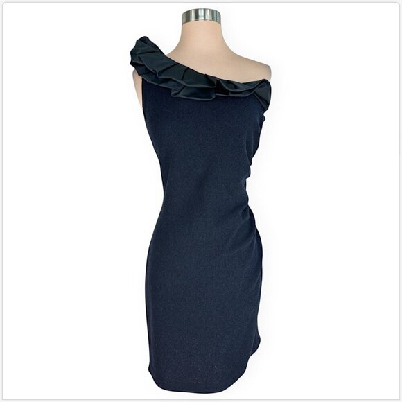St. John Evening Black Shimmer Knit One Shoulder Ruffle Neckline Ruched Dress 6 - Picture 1 of 5